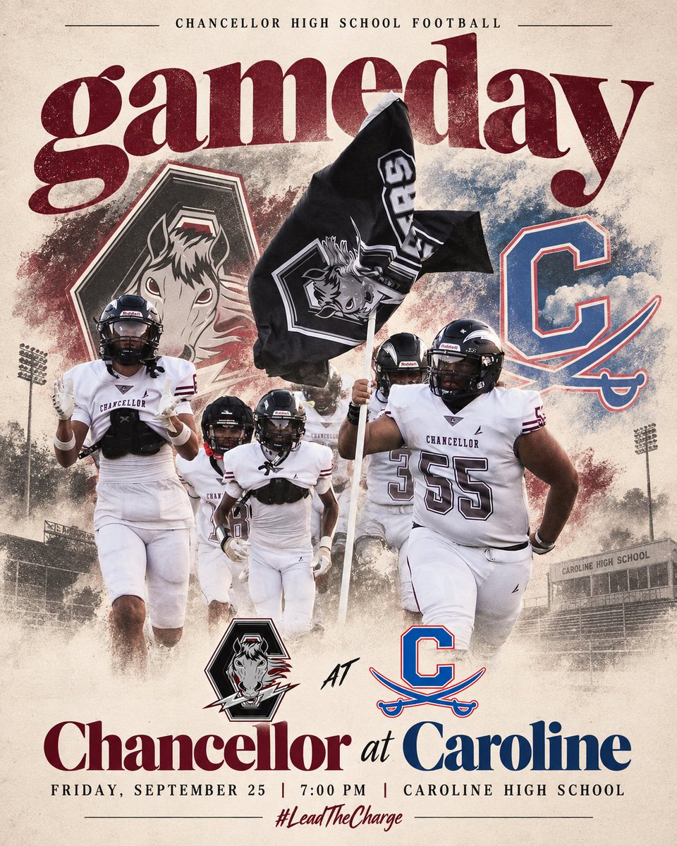 ChancellorCharg's tweet photo. Road game Friday. ⚡

🏈 Chancellor at Caroline
🕖 7:00 PM
📍 Caroline High School
Time to take the show on the road.
#LeadTheCharge https://t.co/cd7mlwGYEY