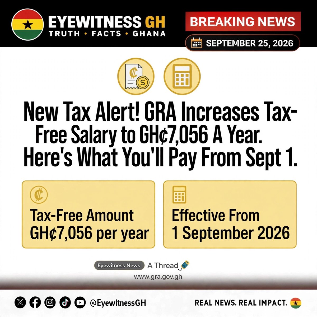 Eyewitnessgh's tweet photo. New Tax Alert! GRA Increases Tax-Free Salary to GH¢7,056 A Year. Here's What You'll Pay From Sept 1.

We broke down the full monthly, yearly rates and what it means for small businesses.

A Thread 🧵👇 (1/4) https://t.co/LyPfpEmQoV