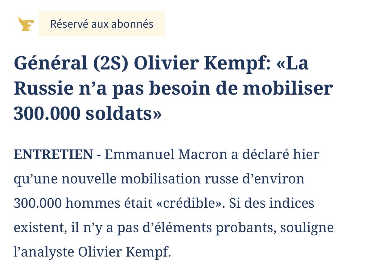EuropaMagnifica's tweet photo. Olivier Kempf: «La Russie n’a pas besoin de mobiliser 300.000 soldats»
Emmanuel Macron a déclaré hier qu’une nouvelle mobilisation russe d’environ 300.000 hommes était «crédible». Si des indices existent, il n’y a pas d’éléments probants, souligne l’analyste Olivier Kempf. https://t.co/6qSHRFCUqP