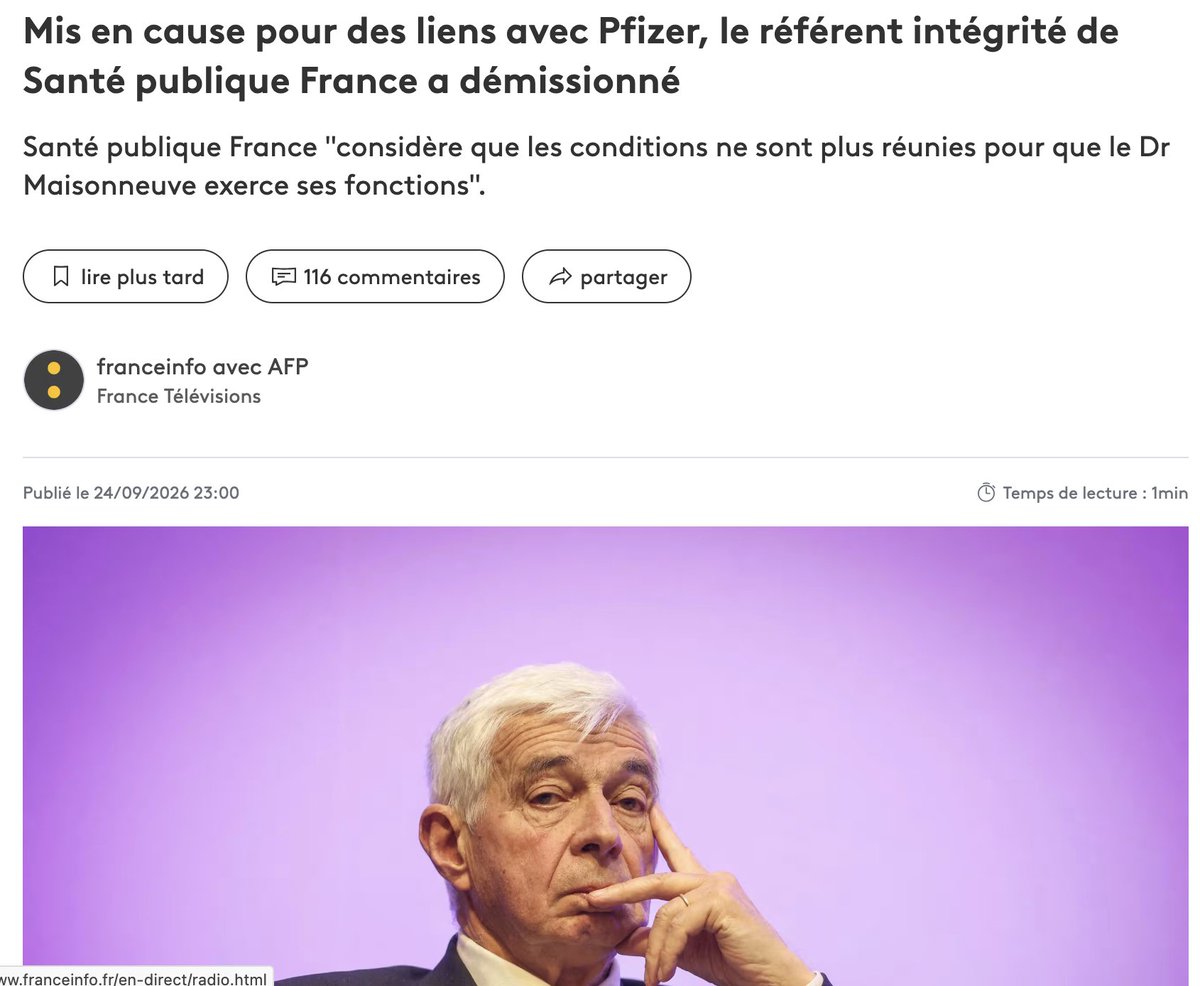 HenrionCaude's tweet photo. Le référent intégrité de Santé Publique France, Hervé Maisonneuve, a démissionné. Il n’avait pas déclaré +100 000 € versés par Pfizer (2021-2023) à sa société H2MW.
Nommé en 2026 : ce départ ne serait il pas un rideau de fumée face aux conflits tellement➕massifs de 2019-2025? #Pfizer #SantéPubliqueFrance