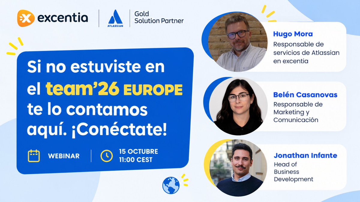 excentia's tweet photo. ¿No puedes asistir al Atlassian Team ’26 Europe? 👀

El 15 de octubre, a las 11:00 h, repasaremos las principales novedades, anuncios y lanzamientos de @Atlassian y veremos cómo pueden impactar en tus equipos y en tu día a día.

📅 15 de octubre
🕚 11:00 h
💻 Webinar online
👉 Reserva tu plaza: https://t.co/uHQbIKcX4J