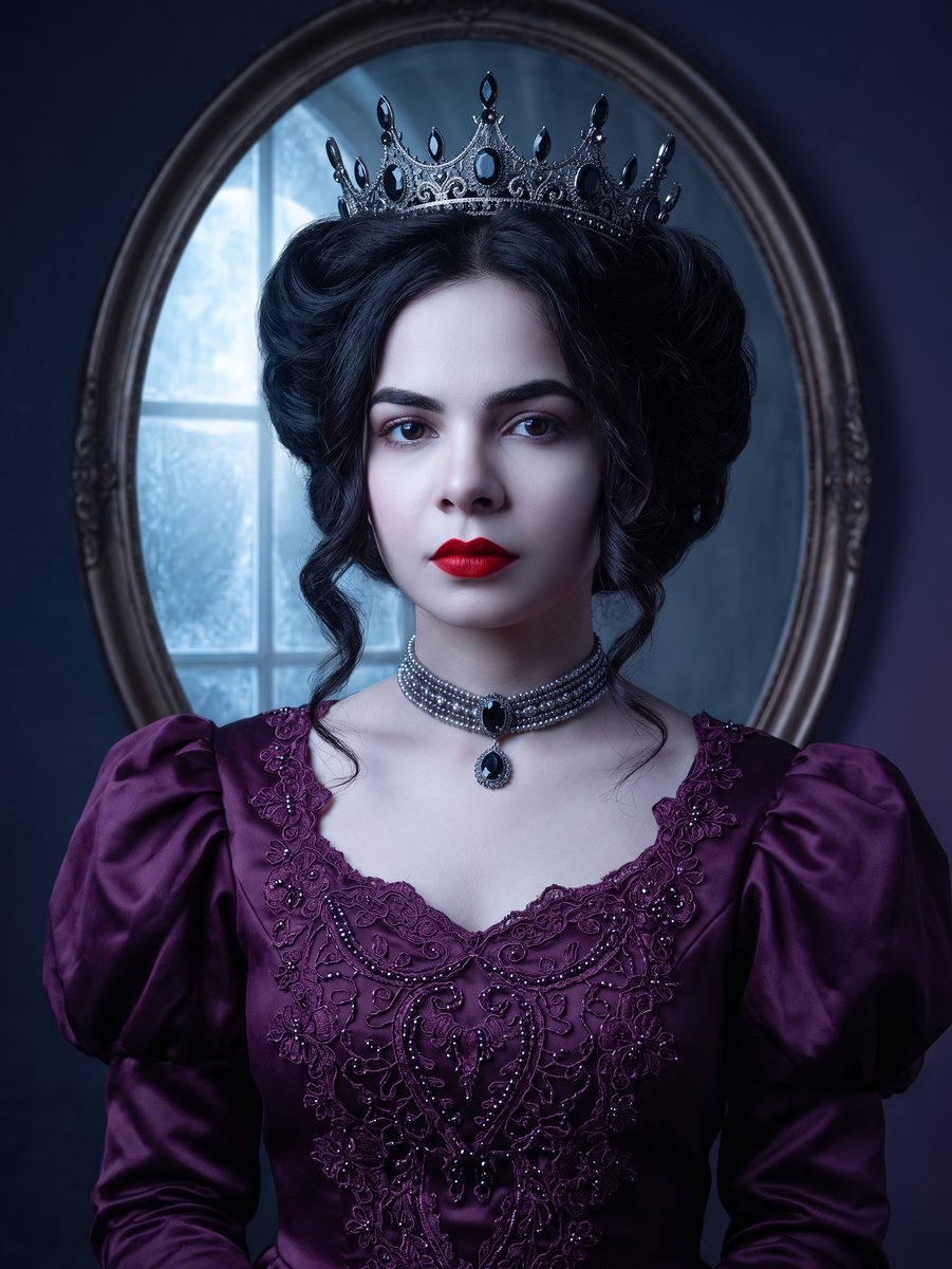 runaroseee's tweet photo. Mirror, mirror, who reigns tonight?

Prompt : A dark elegant royal portrait of a striking woman with dark wavy hair styled in a voluminous updo, wearing an ornate silver crown with dark gemstone spikes. She has bold red lipstick, pale porcelain skin, and wears a beaded silver choker necklace with a dark gemstone pendant. She wears a deep purple satin Victorian-style puff sleeve gown with intricate beaded lace bodice detailing. Behind her is an antique oval mirror reflecting soft icy blue moonlight through a frosted window. Moody cinematic dark blue and purple lighting, ultra-detailed, 8k, dark fairytale queen editorial photography, mysterious and regal atmosphere