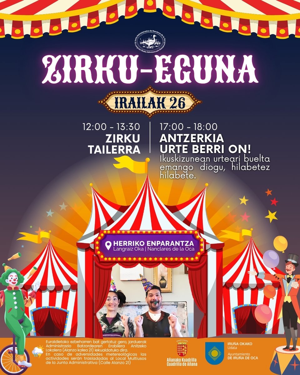Aytoirunadeoca's tweet photo. Este sábado, la Herriko plaza de Nanclares se llenará de magia, humor y diversión con una jornada dedicada al circo. https://t.co/S2iCvAauny