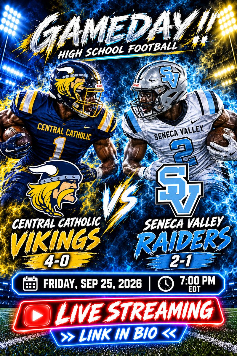 TribHSSNlive's tweet photo. 🏈IT’S GAMEDAY!!
🆚: Central Catholic vs Seneca Valley
🔴📺Live On The👉: https://t.co/cKGZpp1HTg
🔴📺Live On The👉: https://t.co/EcOha9UTjw
📅: Friday,  25 
🕖: 7:00pm
@centralvikings @PCC_FOOTBALL @SVRaiderFB @SV_Sports @flem021 @CoachLehmeier @connormelnik21 https://t.co/7jPpms8if8
