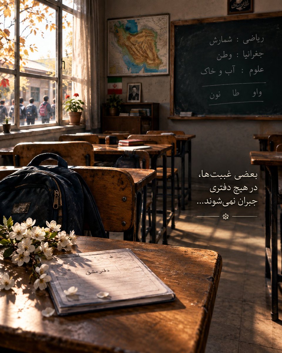 F__Rajabi's tweet photo. ⚘️

بعضی غیبت‌ها،
با یک «حاضر نیست» تمام نمی‌شوند؛
تا همیشه
جای خالی‌شان در کلاس می‌ماند... 🎒⚘️

#مهر_مقاومت
#روایت_نصر https://t.co/mZAZYMCQkq