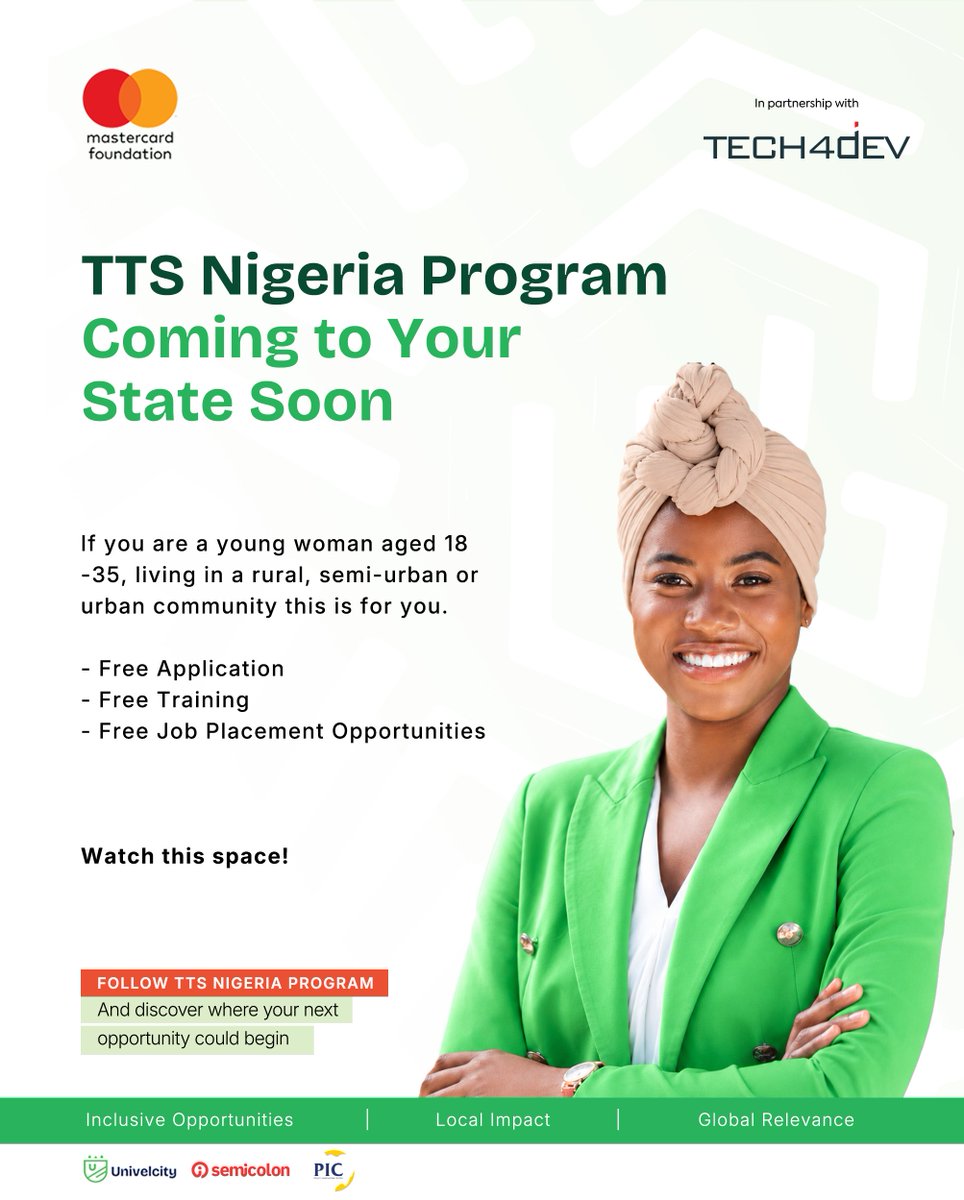 TTSNig's tweet photo. We’re calling on all young women aged 18 - 35 in Enugu, Edo, and Abuja.

This opportunity is coming your way!
 
The TTS Nigeria Program is expanding its reach and  creating positive life transformation for young women by providing:
- free industry skills training 
- free job placement

Enugu, Edo, and Abuja, Get ready!

More details coming soon.

#ttsnigeriaprogram #communitydevelopment #womeninwork #localimpact #inclusiveopportunities #globalrelevance #techsistersrising