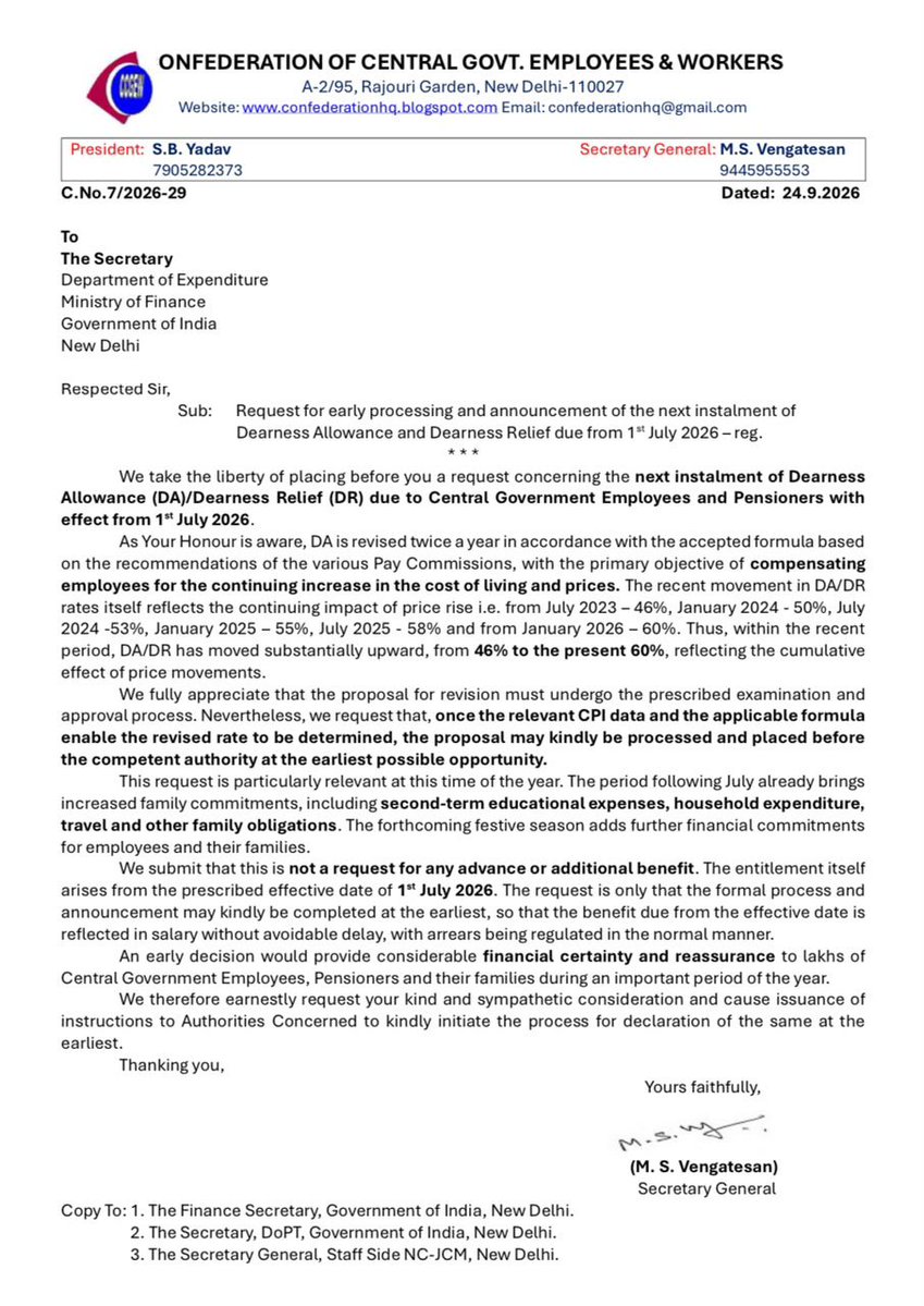 8thpaycommision's tweet photo. The Confederation has requested the Finance Ministry to speed up the DA/DR process and announce the next instalment at the earliest. The hike is due from 01.07.2026, and employees and pensioners are awaiting the official announcement. #Dearnessallowance #CentralGovtemployees https://t.co/katemo9EEY
