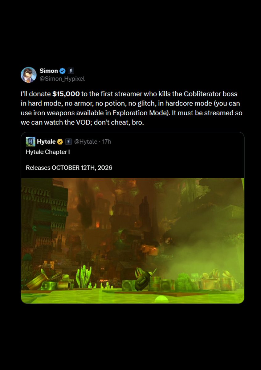 InternetH0F's tweet photo. Hytale offers $15,000 to the first streamer who beats its brutal new Gobliterator boss on hard mode with no armor, no potions and no glitches, with the full run needing to be streamed for verification

The boss drops October 12 with Chapter 1 https://t.co/nlRzmhU3IW