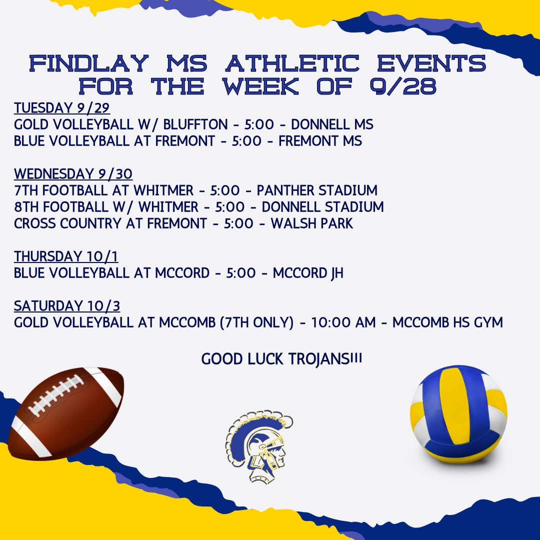DonnellMiddle's tweet photo. Athletic Events for the week of 9/24 #TrojanTrue #DonnellProud @FHSAthletic https://t.co/9nKK9qyBGF