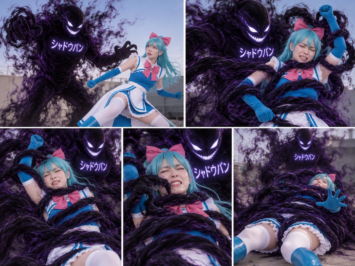 kiyou_binbou418's tweet photo. シャドバンがなかなか治らない😭
ということで、シャドウバンのイメージを怪人化してみた

シャドウバン怪人に囚われてしまうルミナスシアン

街中で影の檻に入れられ放置されるが怪人の能力により街中の人からは認識もされず声も届かない

誰からも認識されず聖なる力も尽きようとしている
#AIart https://t.co/0jHHOaCbdF