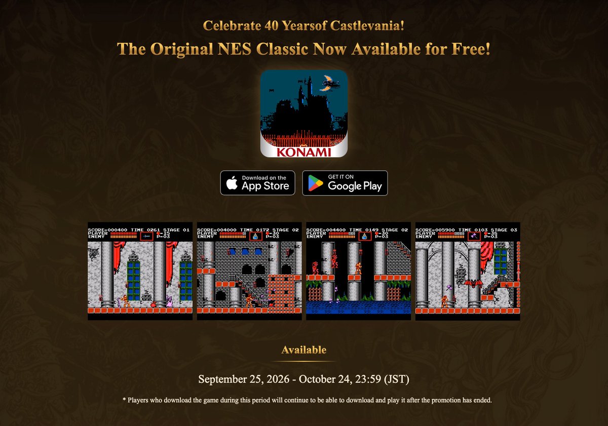 SteamGamesPC's tweet photo. Castlevania: 40th Anniversary is free on iOS and Android if claimed by October 24

iOS: https://t.co/4b2GVQaXvf
Android: https://t.co/QrzYO3pYep https://t.co/ZU9ZSsrbpI