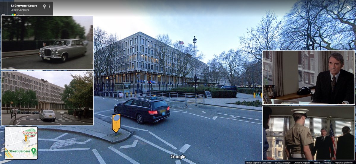 FilmPhonic's tweet photo. London #FilmLocations: 24 Grosvenor Square, W1K- In 1976's 'The Omen', ambassador Thorn (Gregory Peck) works at the then US Embassy in Belgravia—today moved to Nine Elms with this site redeveloped into a luxury hotel—with both external and internal shots filmed there. https://t.co/TOAqkGiOiv