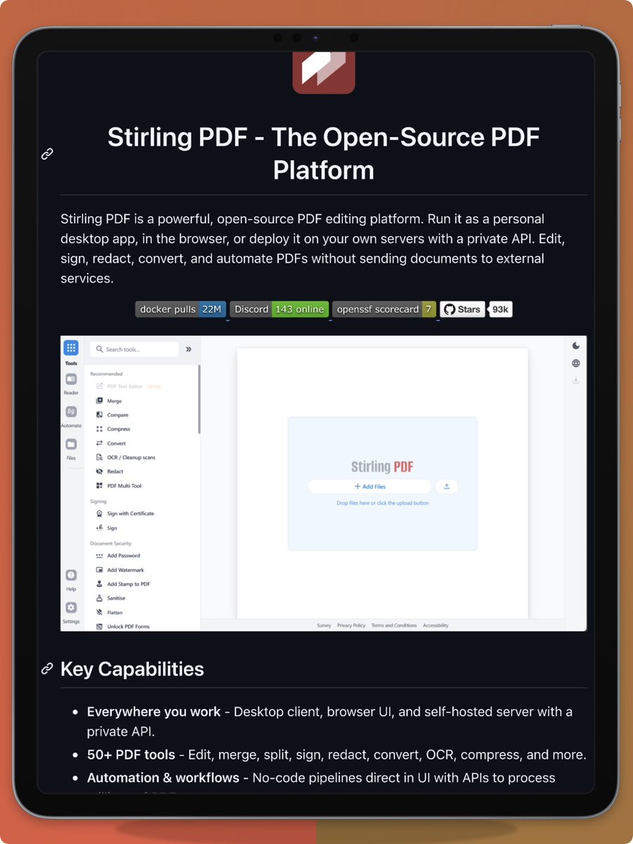 Sn0wbrave's tweet photo. 📄 Stirling PDF مشروع مفتوح المصدر يضم أكثر من 55 أداة لتعديل ملفات PDF: دمج، تقسيم، ضغط، تحويل إلى Word أو Excel، توقيع، حذف صفحات، وتحويل الصور الممسوحة إلى نص قابل للنسخ عبر OCR.

الفرق عن المواقع المجانية المشابهة أن كل شيء يشتغل محلياً على جهازك أو خادمك الخاص، وملفاتك لا تُرفع لأي سيرفر خارجي أبداً. 
هذا بديل مباشر لبرنامج Adobe Acrobat، الذي يكلف نحو 20 دولار شهرياً للمستخدم الواحد.

المشروع تجاوز 90 ألف نجمة على GitHub، ويدعم أكثر من 40 لغة، ويعمل عبر Docker أو كموقع تشغّله بنفسك.

احفظه عندك، بتحتاجه أول ما تواجه ملف PDF محتاج تعديل 👇