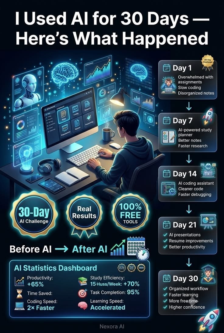 AIUpdatesX's tweet photo. 👀 What happens when you use AI every day for 30 days?

This experiment shows the journey from **overwhelmed → organized → more productive** with AI-powered tools. 🚀

The results are seriously interesting.

Would you try a 30-day AI challenge? 🤔👇 https://t.co/zqMst0x8h3