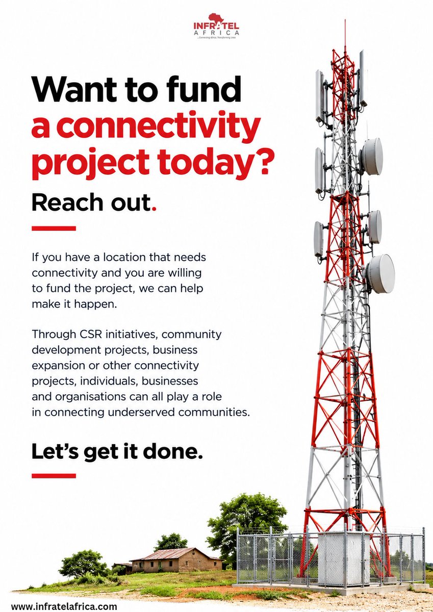 InfratelAfrica's tweet photo. Do you want to fund a connectivity project today?

Reach out.

The job of connecting the unconnected isn't reserved for a select few; it's for everyone with the means.

Let's join hands to drive digital inclusion in Africa

#Telecommunications #MNO #Connectivity #DigitalInclusion https://t.co/cjmEMnKlVh