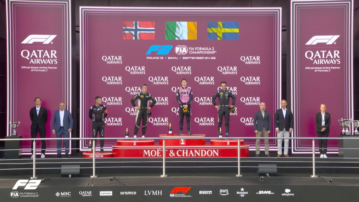 Formula2's tweet photo. Your Feature Race 1 Podium in Baku 🏆

1️⃣ Dunne 🇮🇪
2️⃣ Stenshorne 🇳🇴
3️⃣ Beganovic 🇸🇪

#F2 #AzerbaijanGP https://t.co/gtusPLWdAF