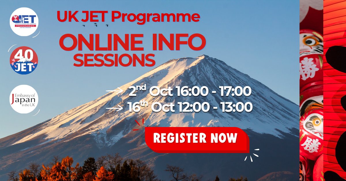ukjetprogramme's tweet photo. Want to find out more about the JET Programme?🗾
Sign up to one of our online information sessions here: https://t.co/hFlgeciLlb 
We will be talking about the JET Programme and holding a Q&amp;A!🤔
Applications now open until 5th November 2026.👈 https://t.co/mNDYakr4TT