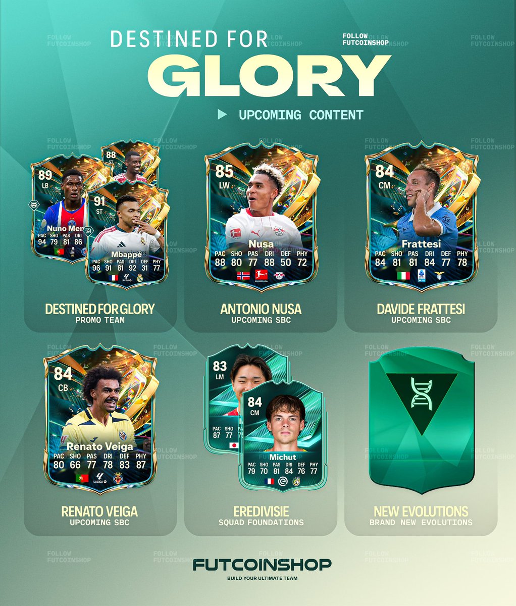FUTCoinShop's tweet photo. 🚨 UPCOMING CONTENT IS 🤯🤯🤯

• NUSA SBC
• FRATTESI SBC
• VEIGA SBC
• EREDIVISIE SQUAD FOUNDATION
• DFG PROMO TEAM
• 79 ST EVO

HYPE 🔥🔥 https://t.co/xCJWT8Jl3N