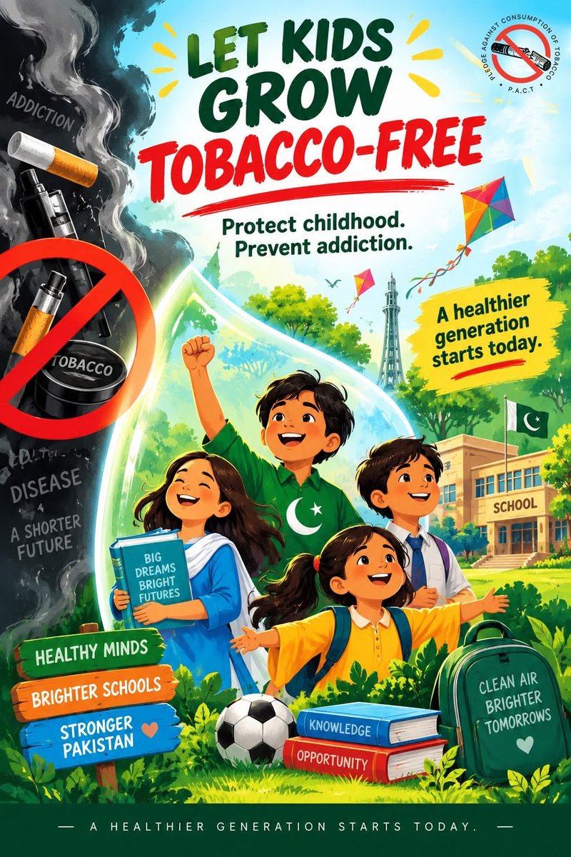 PACTPak's tweet photo. Healthy kids, happier Pakistan. Let's protect childhood and prevent addiction - together. #LetKidsGrow #TobaccoFreeGeneration #PACT #NoSmokingChallenge https://t.co/CzrixQLTPd
