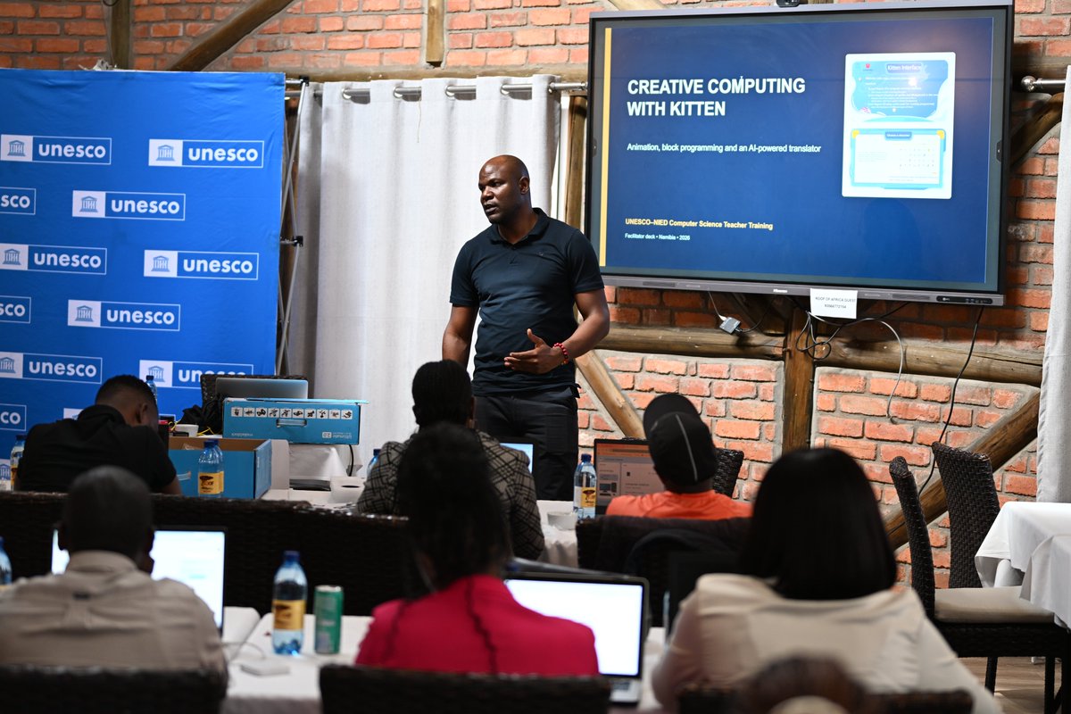 UNESCOWindhoek's tweet photo. UNESCO, NIED and Glowdom Technologies concluded a three day training for Grades 8–9 Computer Science teachers, strengthening skills in computational thinking, coding and AI. The training supports preparations for #NICE2026.
#UNESCO #CODEMAO #ICTinEducation #Namibia https://t.co/cyanJnvo05