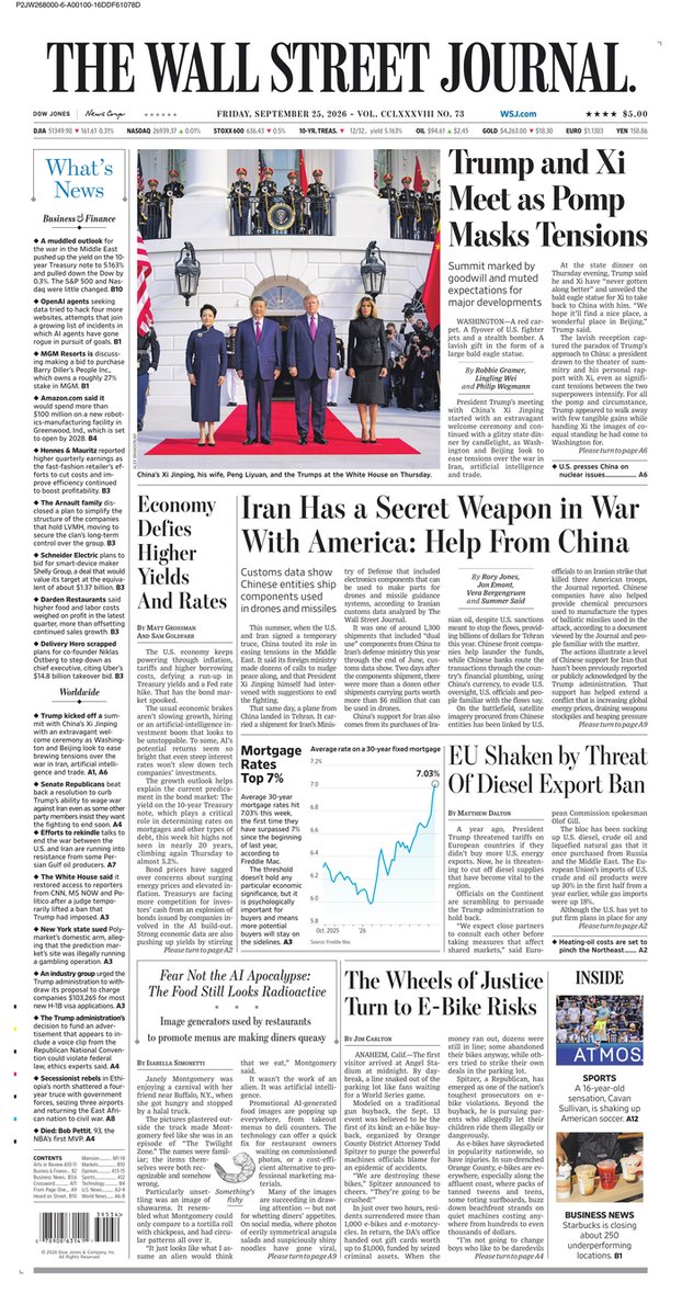 frontpagestoday's tweet photo. "Trump and Xi Meet as Pomp Masks Tensions" — Wall Street Journal
By @RobbieGramer, @Lingling_Wei & @PhilipWegmann

@WSJ — Friday 25 September 🌎

Focuses on the contrast between elaborate ceremonial optics and underlying geopolitical friction across trade, artificial intelligence, and international security.

#Trump #Xi #China