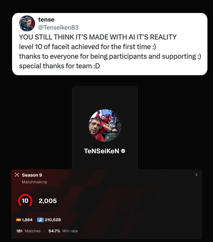 NartOutHere's tweet photo. The creator of the legendary “Green, what is your problem, Green?” phrase has finally reached FACEIT Level 10

Streamer @Tenseiken83  shared that he has achieved Level 10 for the first time at 43 years old after playing 8,349 FACEIT matches

Never give up on the grind 🫡 https://t.co/z1TMcK9PK4