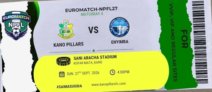 pillarsfc's tweet photo. GET YOUR MD4 TICKET NOW!

The SAI MASU GIDA welcome Enyimba Int'l to the Sani Abacha Stadium Ƙofar Mata for EUROMATCH-NPFL27 MD5. 

Don't miss the action!
Log on to our official website and secure your match ticket today:

https://t.co/4fDAyWLmJW

SAI MASU GIDA! https://t.co/U0QujTw8ef
