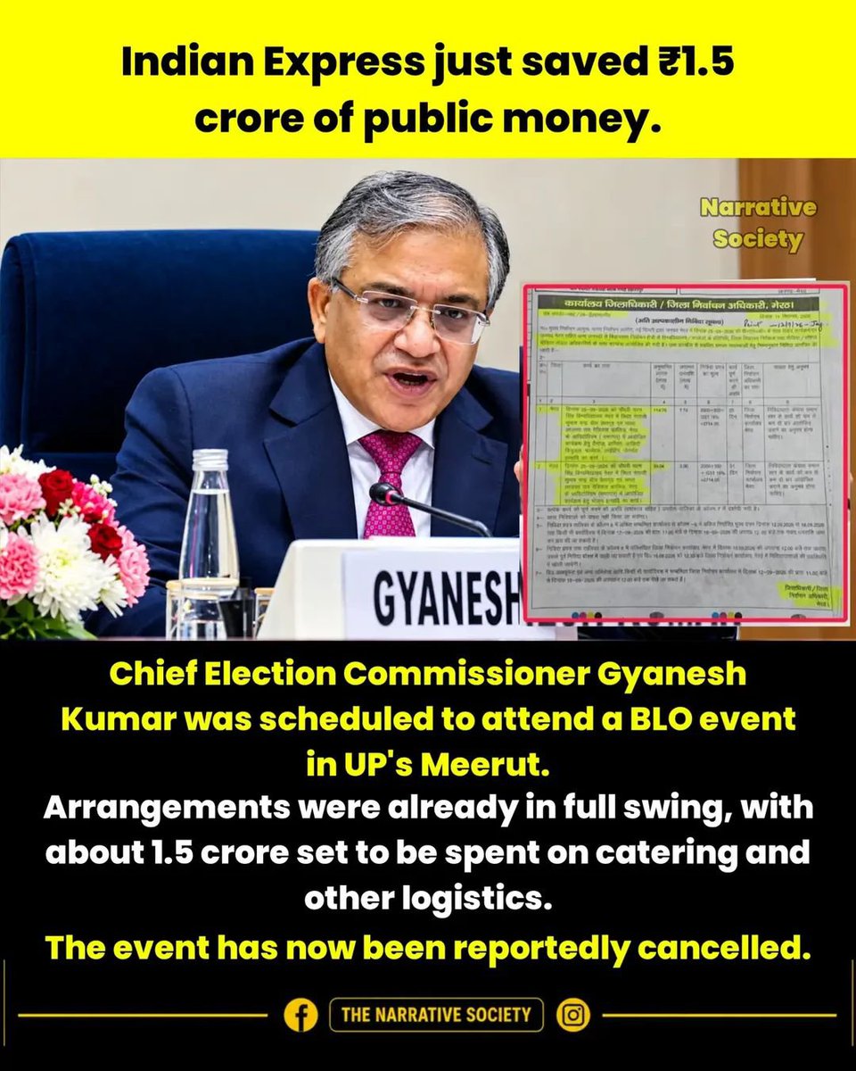 yoursurajnaik's tweet photo. Indian Express just saved ₹1.5 crore of public money 💰

CEC Gyanesh Kumar was to attend a BLO event in Meerut, UP. Arrangements worth ₹1.5 Cr for catering & logistics were in full swing.

After the report exposed the waste, the event has been reportedly cancelled.

That's called impact of journalism.

#MadeInUPForTheWorld
