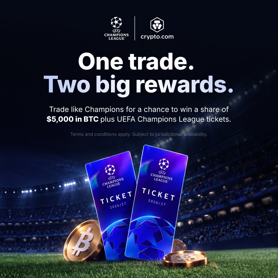 cryptocom's tweet photo. Trade like a champion.

→ Buy $50+ in $CRO to compete for a share of $5,000 in BTC.
→ Top 20 traders also win UEFA @ChampionsLeague tickets.

Ends Oct 9. Details + T&amp;Cs ⬇️ 
https://t.co/V7S4swPyjQ https://t.co/wSvoJaN8ZD