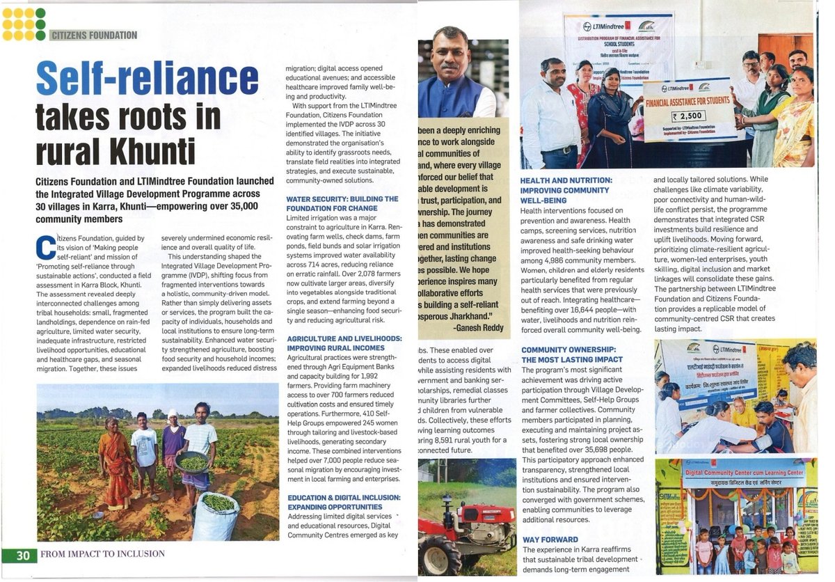 citizens_cf's tweet photo. 🌟 We are honoured to share a proud moment for @citizens_cf, as @timesofindia recognized & has also been featured in their magazine highlighting our impactful CSR initiatives contributing to the development and empowerment of rural communities across Jharkhand.

The recognition was presented by Mr. Mukesh Kumar, IAS, Secretary, Planning & Development, Government of Jharkhand, at the Jharkhand Social Impact Conclave. We extend our sincere gratitude to Mr. ASRP Mukesh, Chief of Bureau, The TOI, Jharkhand, for his valuable support and for bringing together a platform that celebrates meaningful social impact. This recognition belongs to our dedicated team, partners, community members, and every individual working tirelessly towards creating self-reliant and resilient communities.

@GaneshReddys7 @prdjharkhand 
#JharkhandSocialImpactConclave #TimesOfIndia #TOI #CFat29  #SocialImpact #CSR #CSRInitiatives #RuralDevelopment #Jharkhand #CommunityDevelopment #SocialChange #InclusiveDevelopment #SustainableDevelopment #EmpoweringCommunities #SelfReliantCommunities #ImpactThatMatters #SocialImpactIndia #CSRIndia #Development #MakingADifference