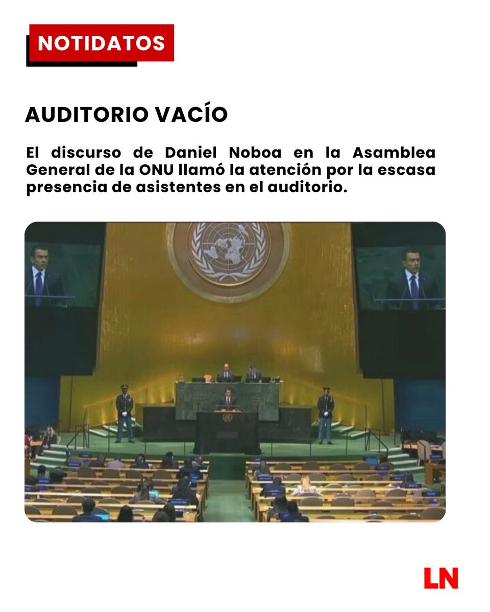 lanoticiaperu_'s tweet photo. #NotiDatos | 🎙️ AUDITORIO VACÍO
El discurso de Daniel Noboa en la Asamblea General de la ONU llamó la atención por la escasa presencia de asistentes en el auditorio.
Más información 👇
https://t.co/8yKk3bHMAa https://t.co/ASfgMjopGu