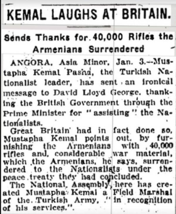 Kismetse0nur's tweet photo. Atatürk ingilizlerle taşak geçiyor 

İngilizler, Türklere karşı mücadele için Ermenilere 40.000 silah ve mühimmat göndermiş, Gümrü antlaşması ile bunlara el konmuştu. Atatürk derhal İngilizlere alaycı bir mektup yazar:

“Ermenilere verdiğiniz 40 bin mühimmat için teşekkür ederiz, hepsini teslim aldık.”