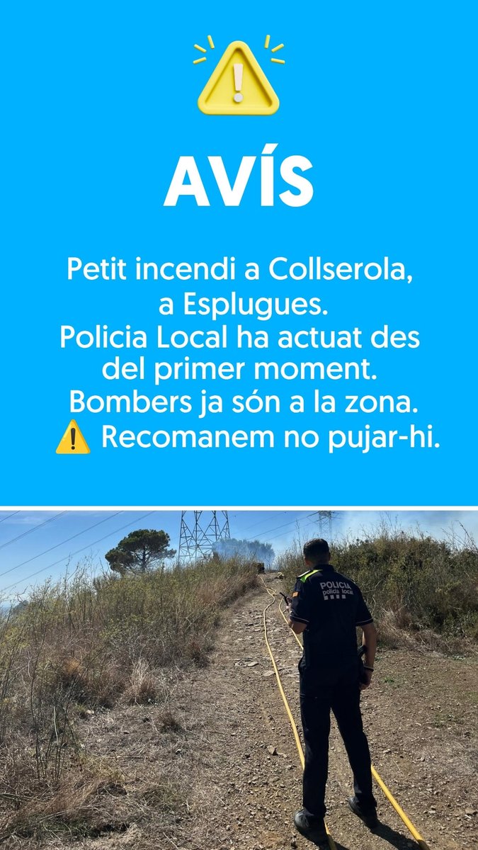 eduardsanga's tweet photo. Petit incendi a Collserola, a Esplugues.
La @plesplugues ha actuat des del primer moment. Els @bomberscat ja són a la zona.
⚠️ Recomanem no pujar-hi.
@ajesplugues https://t.co/LK5y9uV4Ff