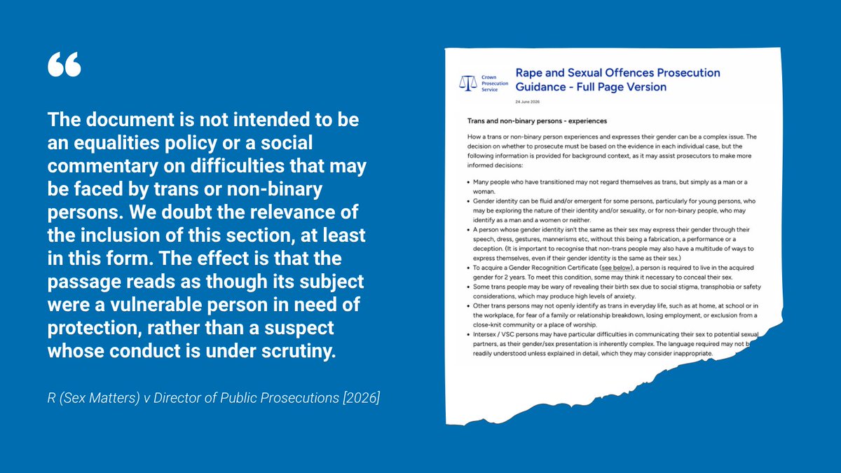 SexMattersOrg's tweet photo. @CPSUK The judges called sections of the guidance that the Director of Public Prosecutions (DPP) defended “surprising”, noting that they presented transgender rape suspects as if they were vulnerable persons rather than suspects facing serious criminal allegations. https://t.co/jEuaD3x3dy