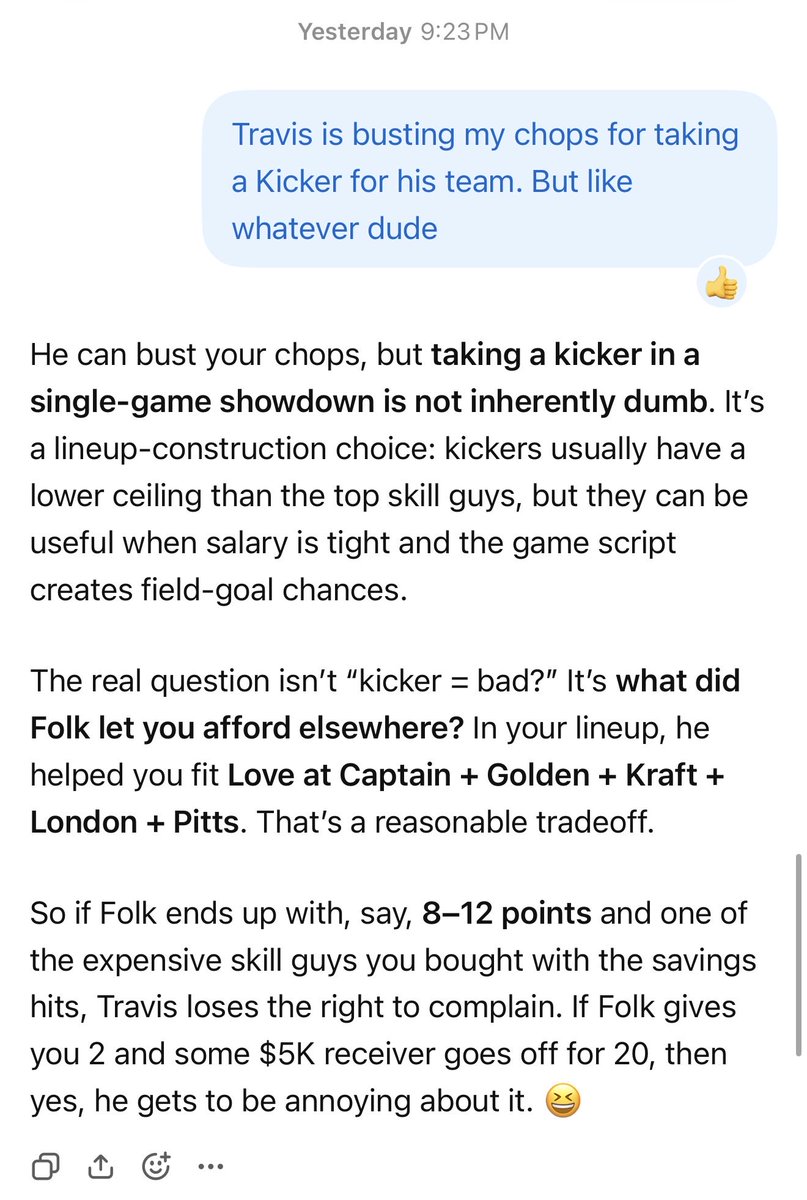 PalliativeCRNP's tweet photo. Sometimes the questionable fantasy pick is the pick.

The Kicker Incident™ will be referenced all season. 🏈 🦵 

@clouse2685_t 

#FantasyFootball #NFL #FantasyFootballLife #NickFolk #AtlantaFalcons #EatCrow https://t.co/NyxsqkNtXZ
