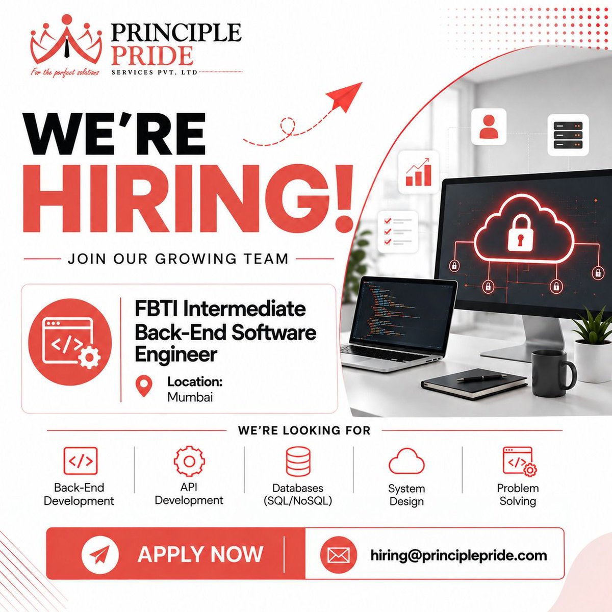 PridePrinciple's tweet photo. 🚀 We’re Hiring!

FBTI Intermediate Back-End Software Engineer
📍 Mumbai | 💼 3–7 Years Experience

Skills: Back-End • APIs • SQL/NoSQL • System Design

📩 Apply: hiring@principlepride.com

#Hiring #BackendDeveloper #SoftwareEngineer #MumbaiJobs #TechJobs https://t.co/VCjKd8Cff7