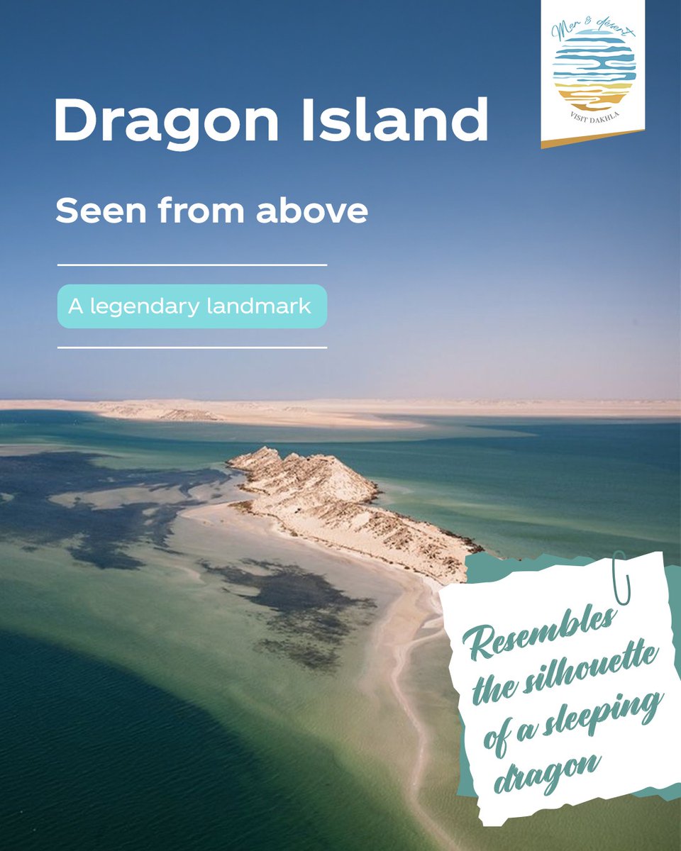 KeraHartleben's tweet photo. Dragon Island, one of Dakhla’s most iconic landmarks, gets its name from its dragon-like shape when viewed from above. Visit for breathtaking views, crystal-clear waters and unforgettable adventures. Have you spotted the dragon? https://t.co/JvmPvLrfUu