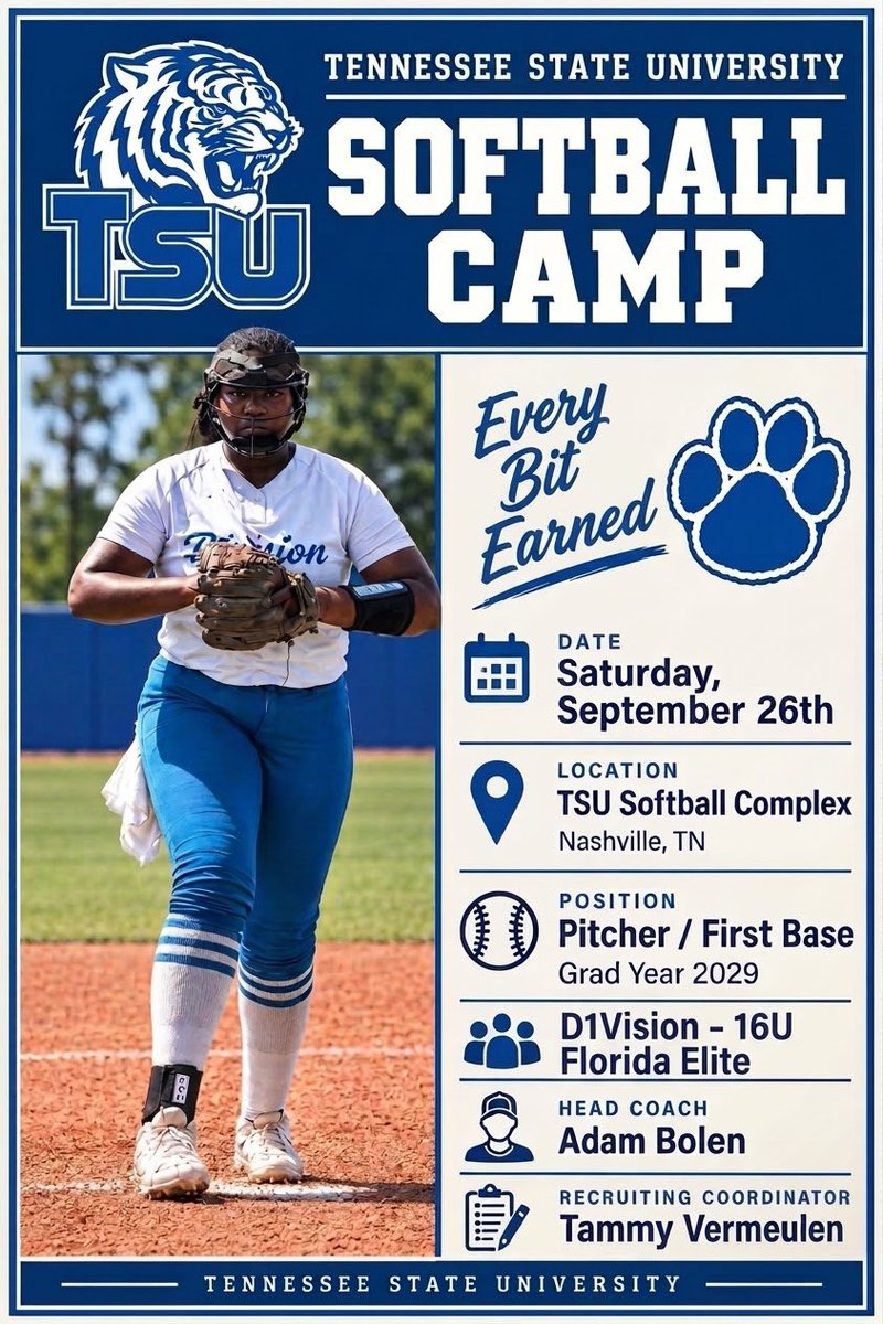kiera2029's tweet photo. Can't wait to camp with @TNStateSoftball and @CoachG_14274 this weekend. Thank you for the invite. I do not take it for granted.
@commit2HBCU @HBCUSoftball @MSPtakeover @D1VFlorida @d1vision_sb @hghs_softball @LineDsoftball @SunilSportsNews @ExtraInningSB https://t.co/QXP0PEyJ92