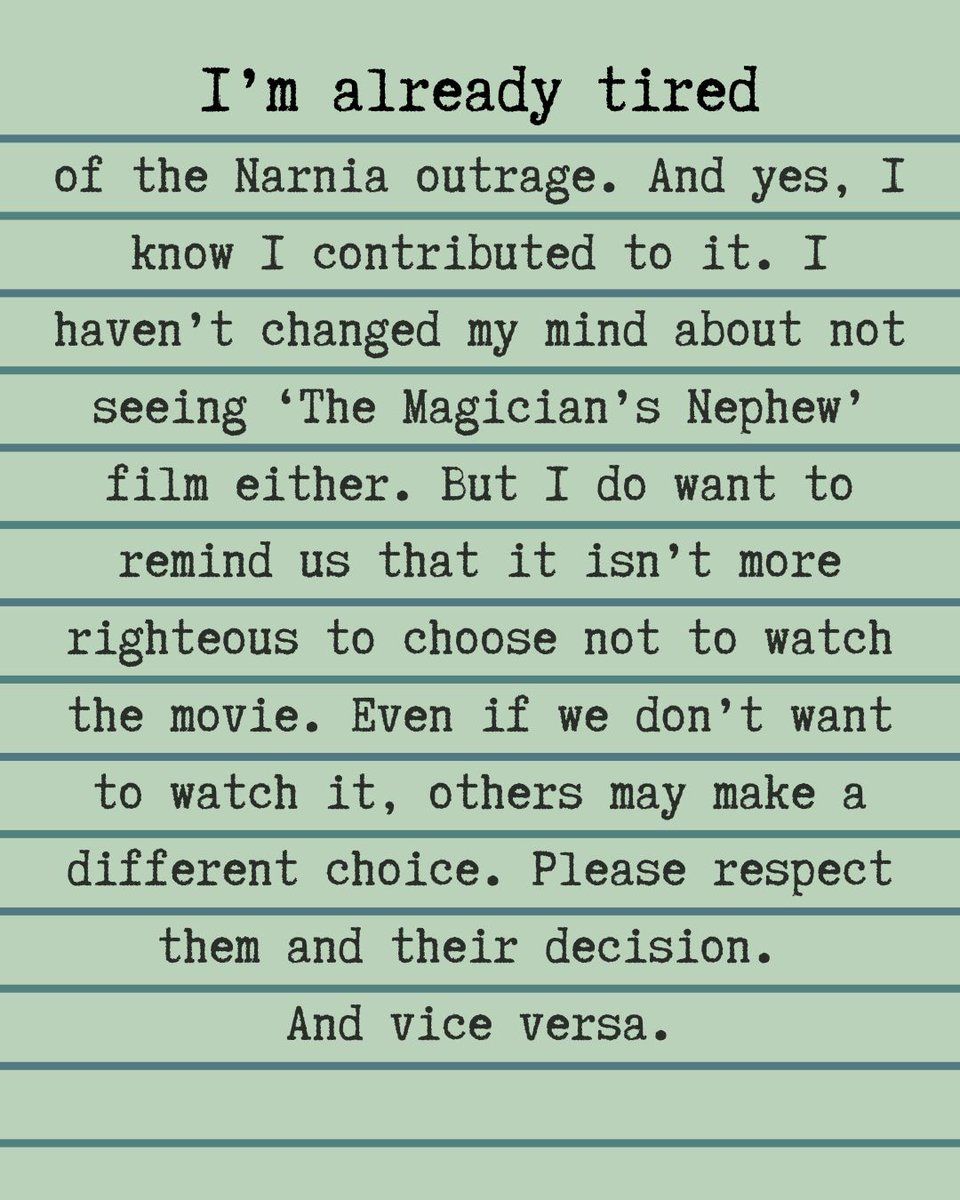 majacobswrites's tweet photo. I’m already tired of the Narnia outrage, but I also haven’t changed my mind. It’s possible to show grace while remaining firm in your own convictions. Someone else making a different decision doesn’t need to feel like a threat or a personal insult. #themagiciansnephew https://t.co/jgobjNRSLc