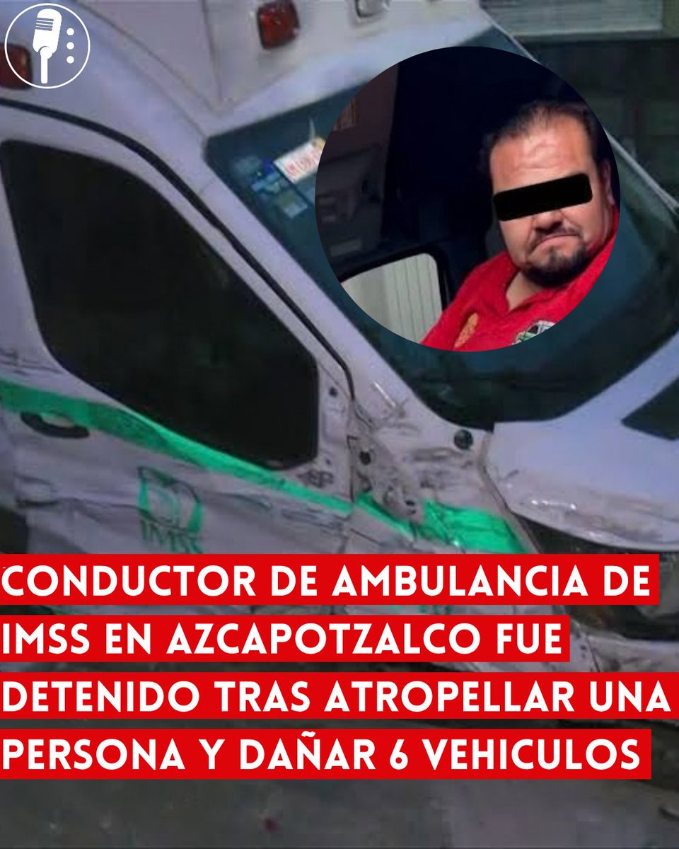 YosoyPedrero's tweet photo. 🚨 OJO | CONDUCTOR DE AMBULANCIA DEL IMSS EN AZCAPOTZALCO FUE DETENIDO TRAS ATROPELLAR A UNA PERSONA Y DAÑAR 6 VEHÍCULOS
El operador de una ambulancia del Instituto Mexicano del Seguro Social (IMSS) fue detenido este jueves 24 de septiembre en la alcaldía Azcapotzalco, en la Ciudad de México, tras atropellar a un joven y causar daños a por lo menos seis vehículos estacionados. El conductor, identificado como Alberto “N”, presuntamente conducía en estado de ebriedad.

Los hechos ocurrieron en calles de las colonias Tlatilco y Nueva Santa María, cuando la ambulancia de traslados programados circulaba a exceso de velocidad con la sirena encendida. El vehículo impactó a varios automóviles particulares a lo largo de su recorrido, perdió una de sus llantas delanteras y terminó detenido en el cruce de Viñón y Begonias.

La persona atropellada, un joven, sufrió una probable fractura de fémur derecho y fue trasladada a un hospital para recibir atención médica especializada. Paramédicos de la Cruz Roja le brindaron los primeros auxilios en el lugar.

Un motociclista que presenció los hechos persiguió a la ambulancia y confrontó al conductor. En un video difundido en redes sociales se escucha al testigo decirle al operador que apagara el vehículo porque estaba ebrio. El conductor negó la acusación, pero testigos reportaron haber visto latas de cerveza dentro de la unidad.

El IMSS informó que el trabajador fue separado de sus funciones de manera inmediata y quedó a disposición del Ministerio Público, que realizará las investigaciones correspondientes. La institución también señaló que dará seguimiento a los daños materiales y a los procedimientos de indemnización que procedan.