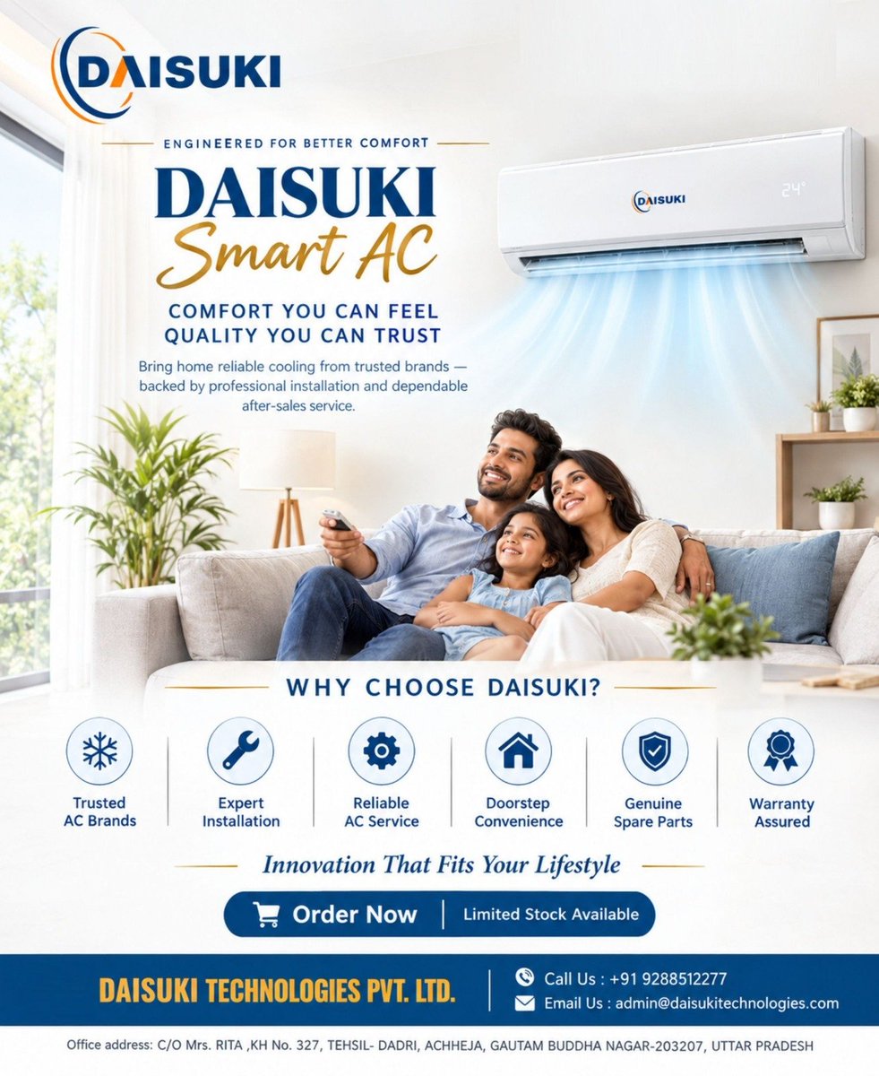 DaisukiLimited's tweet photo. Stay cool with DAISUKI Smart AC โ๏ธ๐
Reliable cooling, expert installation, dependable service, genuine spare parts & warranty assurance.
๐ +91 9288512277
#Daisuki #SmartAC #AirConditioner #ACService #CoolingSolutions https://t.co/k19pwfeRWZ