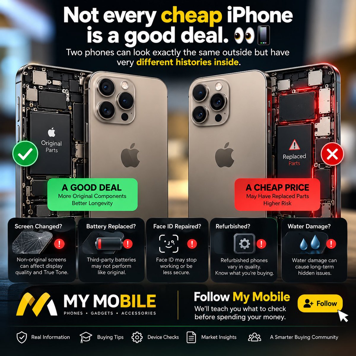 My_Mobile_Kano's tweet photo. Not every cheap iPhone is a good deal. 👀📱
    Two phones can look exactly the same outside but have very different histories inside. Screen changed? Battery replaced? Face ID repaired? Refurbished? Water damage?
    Follow My Mobile — we’ll teach you what to check before spending your money.