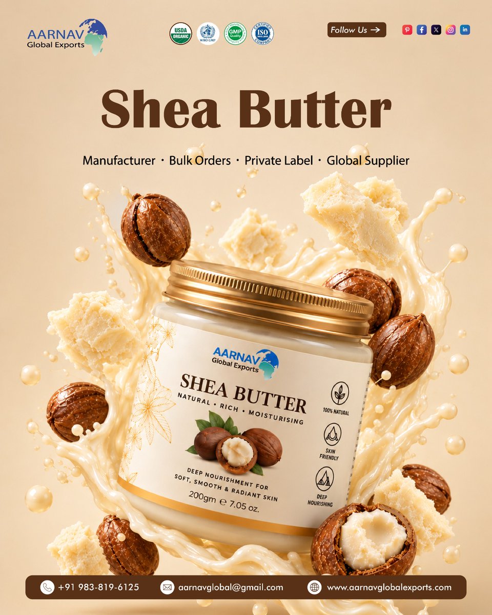 GlobalAarnav's tweet photo. Premium Shea Butter- A Natural Choice for Beauty Formulators
Connect with us for bulk order:
Call +91 983-819-6125
Email aarnavglobal@gmail.com
Visit us: https://t.co/UBPkrAyyab
#SheaButter
#CosmeticIngredients
#NaturalCosmetics
#BeautyFormulation
#BulkSheaButter https://t.co/1J2TWjmLR2