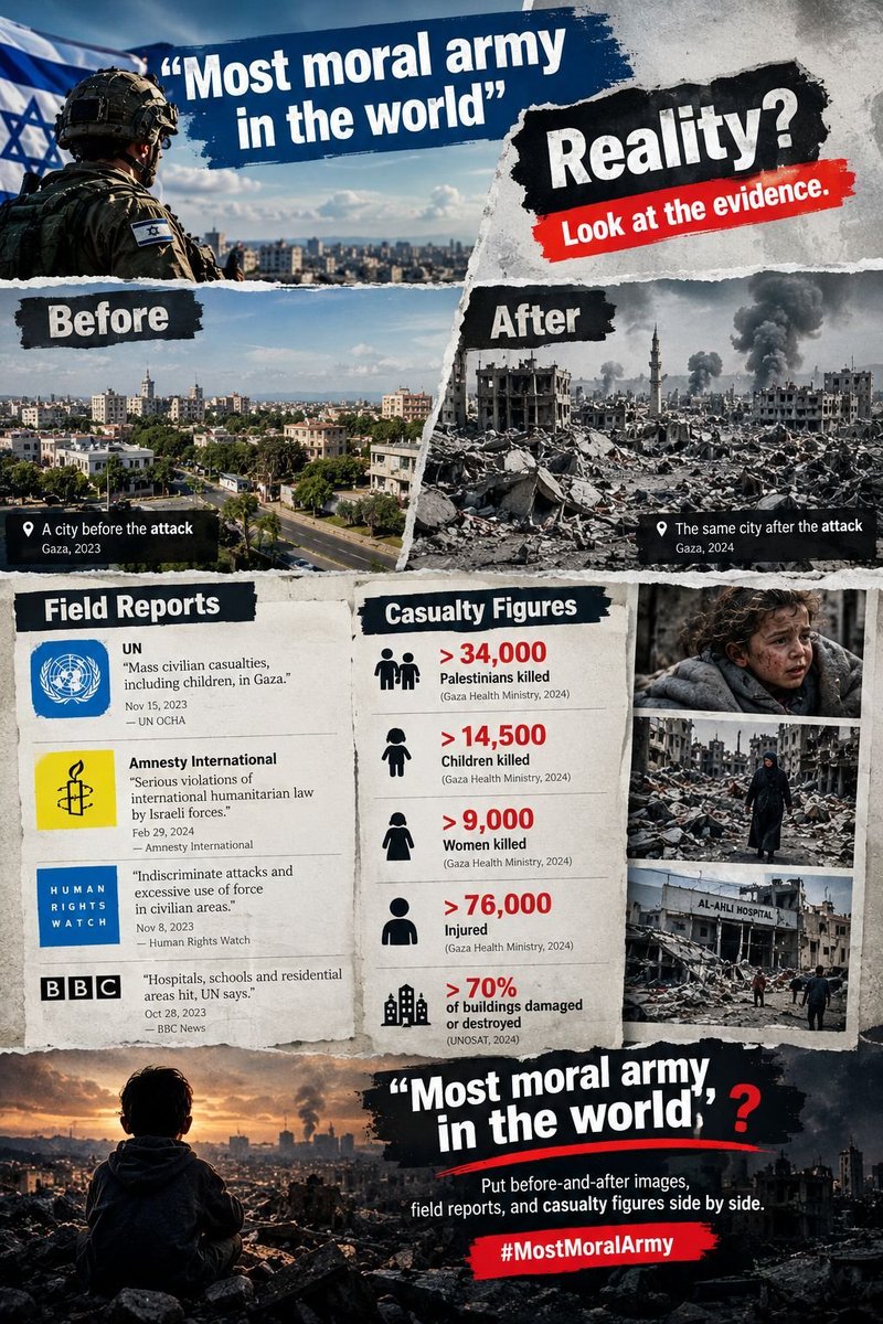 M6212mn's tweet photo. «الأخلاقي ביותר في العالم»؟
يكفي أن تضع صور قبل وبعد، والتقارير الميدانية، وأرقام الضحايا جنباً إلى جنب.
#MostMoralArmy https://t.co/eLjvqlTRna