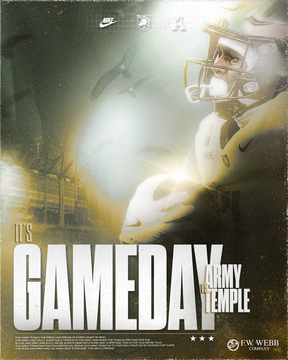 ArmyWP_Football's tweet photo. It's a Friday Gameday from Philly! 

🆚 Temple   
🏈 4 PM   
Watch → @ESPN
Listen → Varsity Network App   
Game Center → https://t.co/F2GHtz6NYF 

#GoArmy https://t.co/KhMoZLz4lv