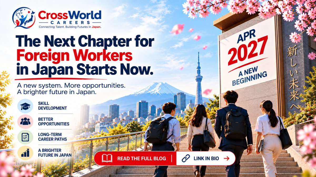 CWcareers's tweet photo. 🇯🇵 A new chapter for foreign workers in Japan starts in April 2027.

A new system is coming — but preparation has already begun.

What could it mean for your career and future in Japan? 👀

Read more: https://t.co/x7fKe93D6r

#JapanJobs #japan #foreignersinjapan https://t.co/DJt9itKOYt