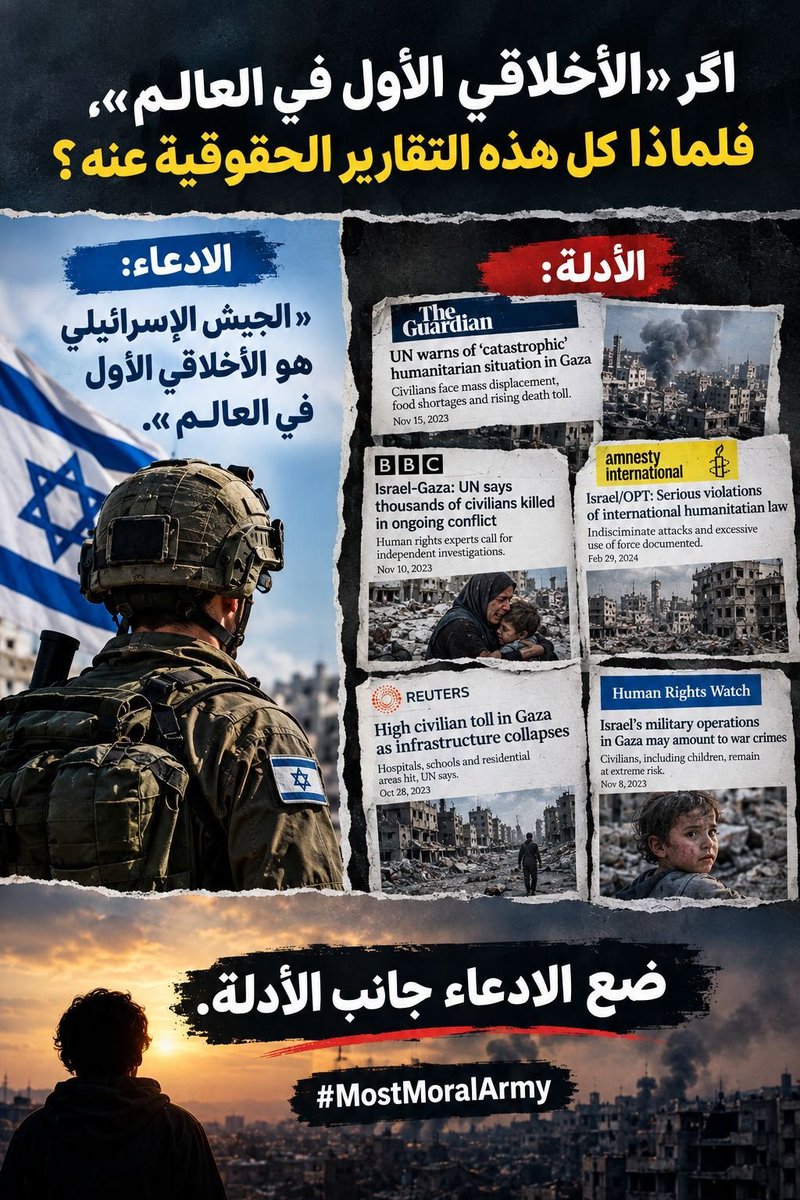 M6212mn's tweet photo. «ضع ادعاء "الجيش الأخلاقي الأول في العالم" جانب تقارير المنظمات الدولية لحقوق الإنسان. الحكم لكم. 
#MostMoralArmy https://t.co/olwem4COxu