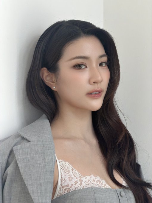 A portrait of a young woman with long dark wavy hair wearing a grey blazer over a white lace top, looking off to the side.