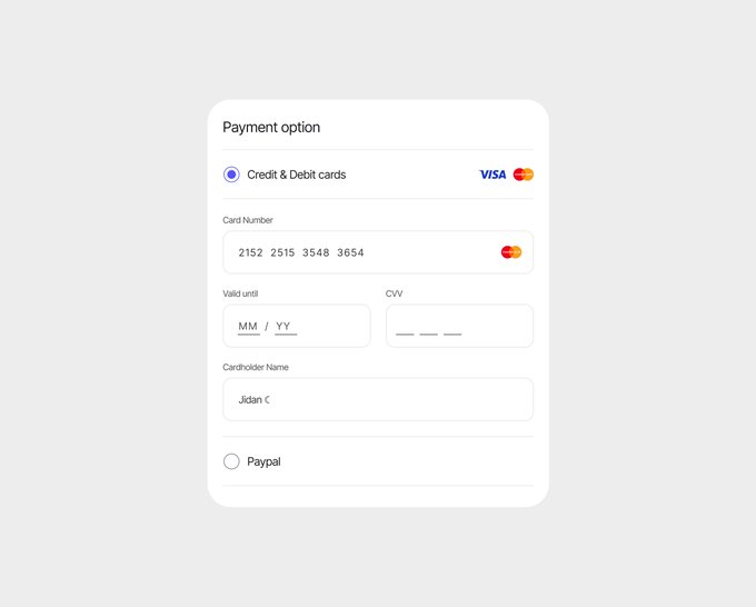 A payment option interface with 'Credit & Debit cards' selected, showing Visa and Mastercard logos, with card number '2152 2515 3548 3654', cardholder 'Jidan C.', and an unselected PayPal option.