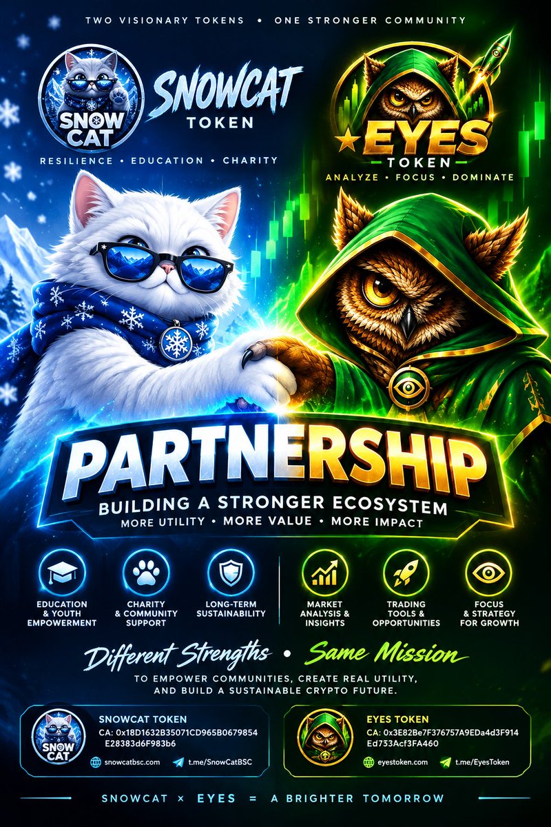 SnowCatBSC's tweet photo. ๐ค SNOWCAT ร EYES OFFICIAL PARTNERSHIP โ๏ธ๐๏ธ
Two visionary tokens. One stronger ecosystem.
Together, weโre exploring community growth, education, market insights, utility & long-term development.
Different strengths. Same mission. ๐
#SnowCat #EyesToken #Crypto @EyesTokenBSC https://t.co/xLvjNJK6B6